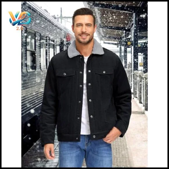 Men's Corduroy Sherpa Lined Jacket, Thermal Fleece, Snap Button Front, 5 Pockets